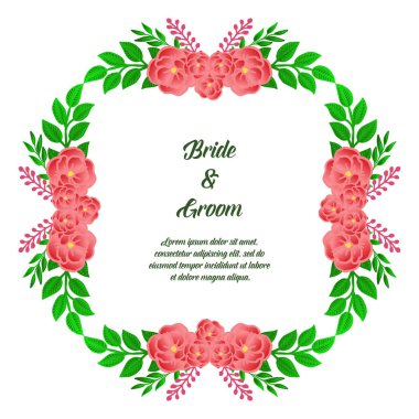 Yeşil yapraklı çiçek çerçeve ile çeşitli kart gelin ve damat şablonu için Retro düğün davetiyesi. Vektör