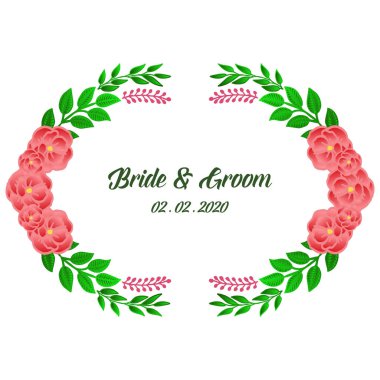 Kart gelin ve damat dekorasyonu için çeşitli şekil yeşil yapraklı çiçek çerçeve. Vektör