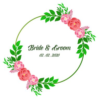 Modern tasarımlı gelin ve damat, modern tasarımlı gelin ve damadın şablonu, çelenk çerçevesi ve yeşil yapraklar. Vektör