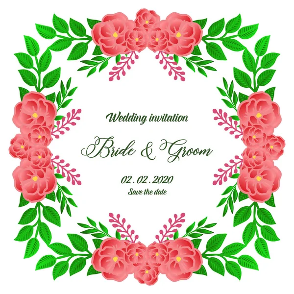 Yeşil yapraklı çiçek çerçeve ile çeşitli kart gelin ve damat şablonu için Retro düğün davetiyesi. Vektör — Stok Vektör