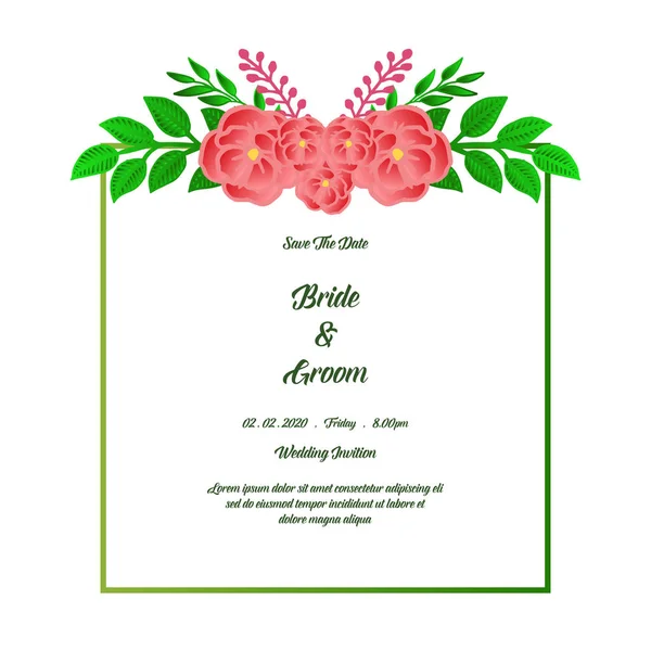 Invitación de boda retro para plantilla de varios novios de tarjeta, con marco de flores de hoja verde. Vector — Vector de stock