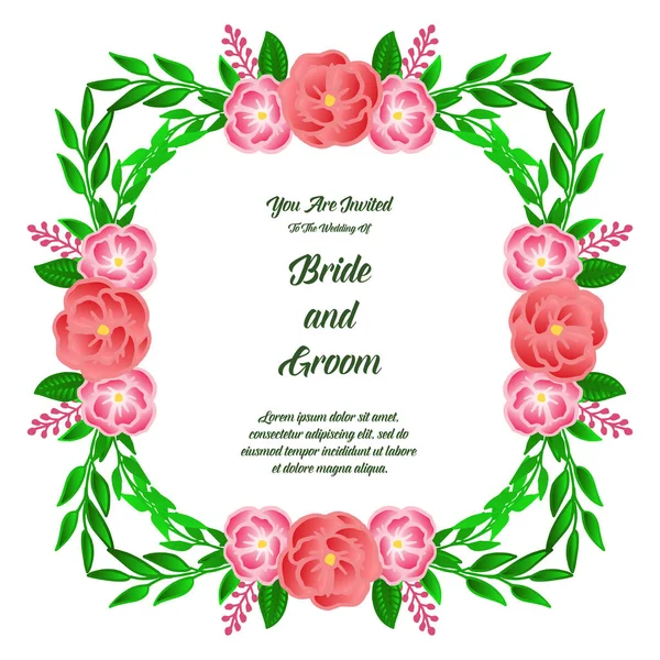 Ρετρό πρόσκληση γάμου για το πρότυπο των διαφόρων κάρτα νύφη και γαμπρός, με πράσινο φυλλώδες πλαίσιο λουλουδιών. Διάνυσμα — Διανυσματικό Αρχείο