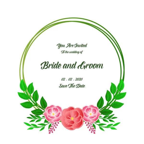 Modèle de carte d'invitation mariée et marié, avec cadre de couronne de rose design moderne et feuilles vertes. Vecteur — Image vectorielle