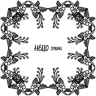 Tebrik kartı merhaba bahar, çiçek çerçeve dokusu ile, siyah ve beyaz renklerde. Vektör