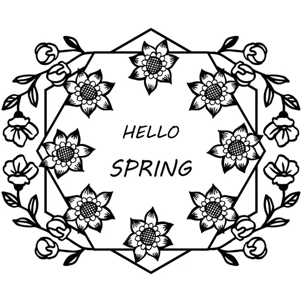 Hola letras de primavera, con decorativo de marcos florales de hoja. Vector — Vector de stock