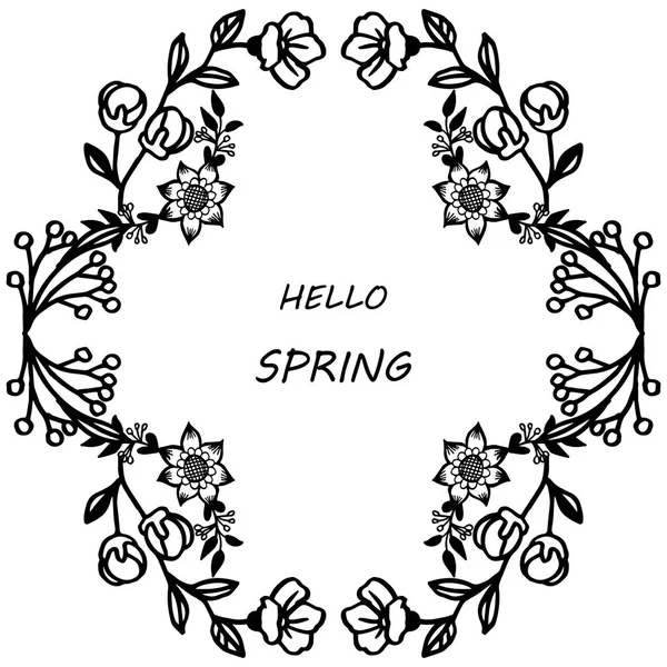 Bonjour lettrage de printemps, avec décoratif de cadres floraux de feuilles. Vecteur — Image vectorielle