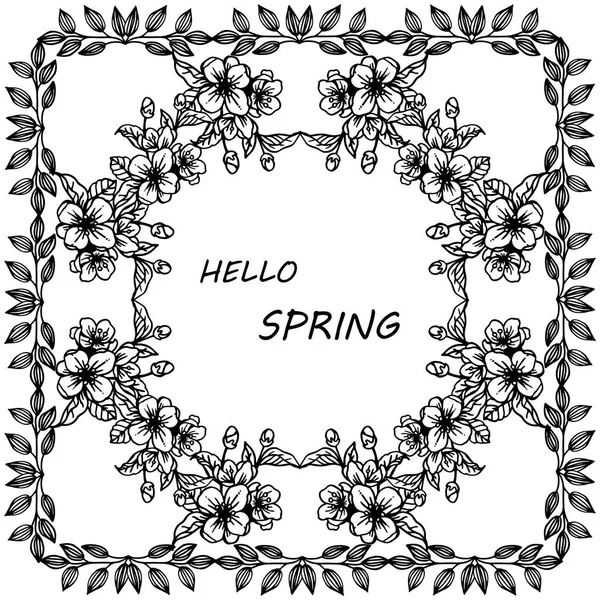 Cartão de design Olá primavera com multidão de moldura floral folha. Vetor — Vetor de Stock