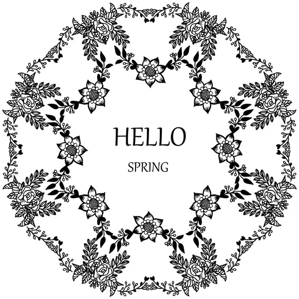 Letras de la tarjeta de invitación y tarjeta de felicitación hola primavera, con el arte de marco de la flor de la hoja única. Vector — Vector de stock