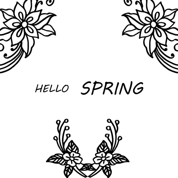 Saudação cartão Olá primavera, com textura de moldura de flor, em cores preto e branco. Vetor — Vetor de Stock