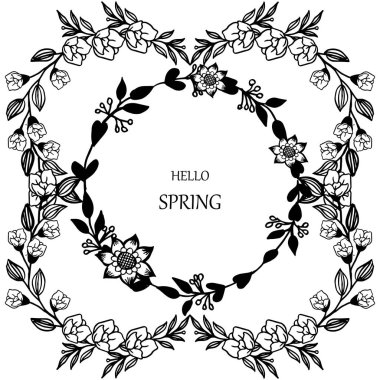 Merhaba bahar Sevimli metin, yaprakları ve çiçek çerçeve arka plan ile. Vektör