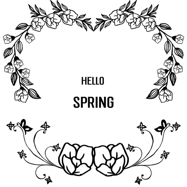 Lindo texto de hola primavera, con hojas y fondo de marco floral. Vector — Vector de stock