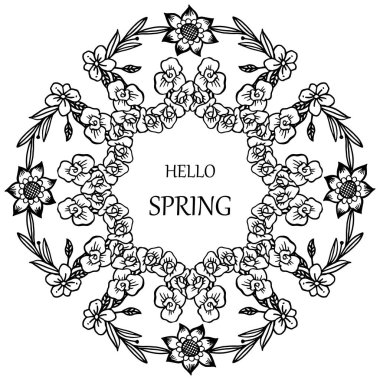 Yazı afiş merhaba bahar, yaprak çiçek çerçeve arka plan sınırı ile. Vektör