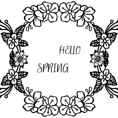 Afiş merhaba bahar için tasarım, yaprak çiçek çerçeve, siyah ve beyaz renklerile. Vektör