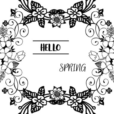 Afiş merhaba bahar için tasarım, yaprak çiçek çerçeve, siyah ve beyaz renklerile. Vektör