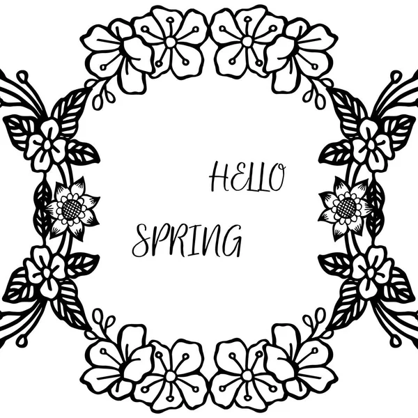 Afiş merhaba bahar için tasarım, yaprak çiçek çerçeve, siyah ve beyaz renklerile. Vektör