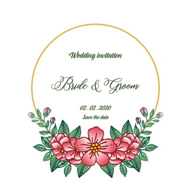 Gelin ve damat romantik kart, motifyeşil yaprakları ve çiçek çerçeve ile. Vektör