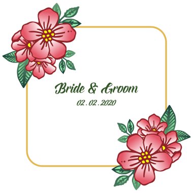 Şablon gelin ve damat, düğün davetiye kartı, çelenk çerçeve kalabalık ile. Vektör