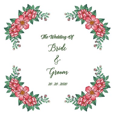 Desen tasarımı yaprak çiçek çerçeve ile gelin ve damat, yazı metni. Vektör