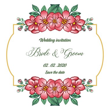 Calligraphic kart tasarım gelin ve damat, yeşil yapraklı çiçek çerçeve ile. Vektör
