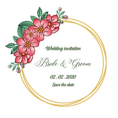 Yaprak çiçek çerçeve zarif tarzı ile düğün davetiyekartı gelin ve damat için, tarih kaydedin. Vektör