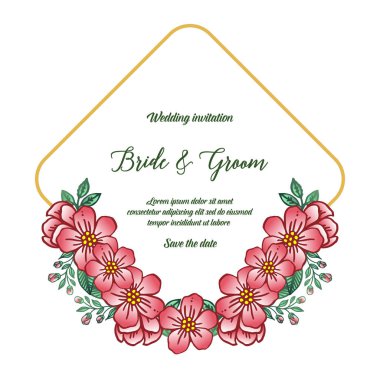 Düğün tebrik kartı gelin ve damat, romantik, güzel çelenk çerçeve ile. Vektör