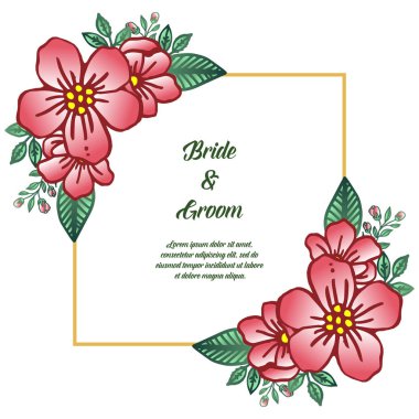 Gelin ve damat düğün yazısı için, yaprak çiçek süslü zarif çerçeve. Vektör