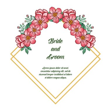 Gelin ve damat düğün yazısı için, yaprak çiçek süslü zarif çerçeve. Vektör