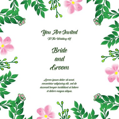 Tebrik kartı tasarım gelin ve damat, pembe çiçek çerçeve çizim ile. Vektör