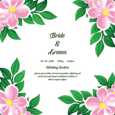 Tebrik kartı tasarım gelin ve damat, pembe çiçek çerçeve çizim ile. Vektör