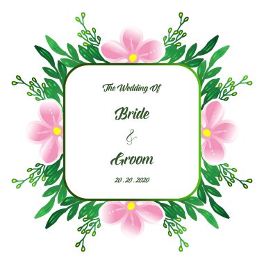 Parlak yeşil yaprakları ve pembe çiçek çerçeve, kart tasarım gelin ve damat şablonu. Vektör