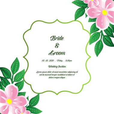 Parlak yeşil yaprakları ve pembe çiçek çerçeve, kart tasarım gelin ve damat şablonu. Vektör