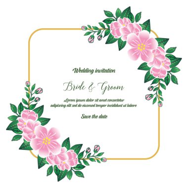 Düğün davetiye kartı şablonu gelin ve damat sevimli, çeşitli parlak pembe çiçek çerçeve ile. Vektör