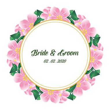 Düğün davetiye kartı şablonu gelin ve damat sevimli, çeşitli parlak pembe çiçek çerçeve ile. Vektör