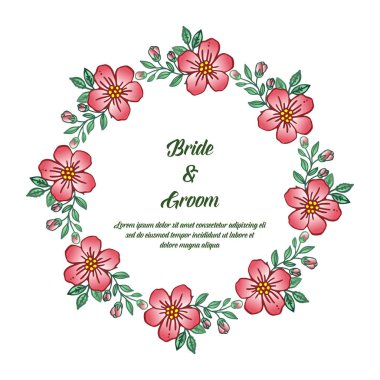 Parlak yeşil yaprakları ve pembe çiçek çerçeve, retro tarzı düğün davetiyesi gelin ve damat için. Vektör