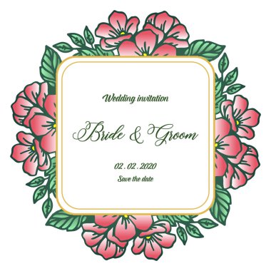 Parlak yeşil yaprakları ve pembe çiçek çerçeve, retro tarzı düğün davetiyesi gelin ve damat için. Vektör