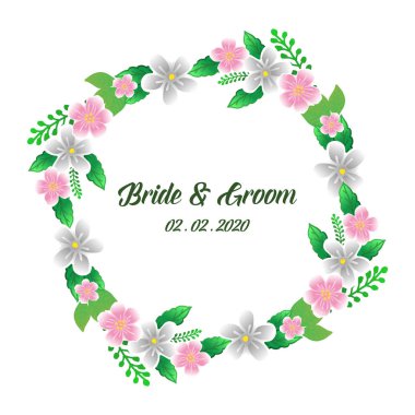 Düğün davetiye kartı şablonu gelin ve damat, renkli çiçek çerçeve süslü desen li. Vektör