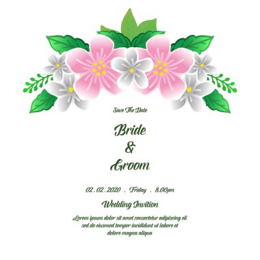 Düğün davetiye kartı, gelin ve damat için çeşitli parlak renkli çelenk çerçeve. Vektör