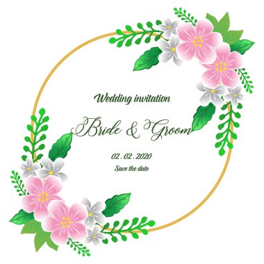 Düğün davetiye kartı, gelin ve damat için çeşitli parlak renkli çelenk çerçeve. Vektör