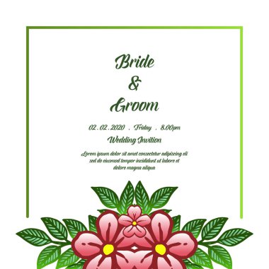 Beyaz arka plan üzerinde Dekoratif kart gelin ve damat elemanı, parlak sevimli yeşil yaprak çiçek çerçeve ile. Vektör