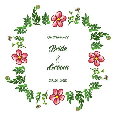 Beyaz arka plan üzerinde Dekoratif kart gelin ve damat elemanı, parlak sevimli yeşil yaprak çiçek çerçeve ile. Vektör