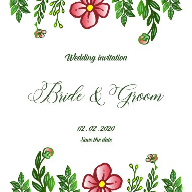 Beyaz arka plan üzerinde Dekoratif kart gelin ve damat elemanı, parlak sevimli yeşil yaprak çiçek çerçeve ile. Vektör