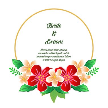 Gelin ve damat düğün davetiyesi şablonu, renkli çiçek çerçeve vintage tasarım elemanı ile. Vektör