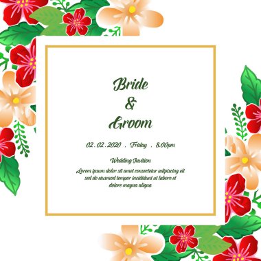 Kaligrafi tasarım gelin ve damat yeşil yaprakları ve renkli çiçek çerçeve bitki ile. Vektör