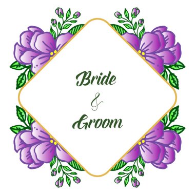 Mor çelenk çerçeve güzellik sanat, sevimli gelin ve damat için düğün davetiyesi. Vektör