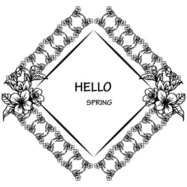Davet kartı merhaba bahar, beyaz arka plan üzerinde siluet çelenk çerçeve ile. Vektör