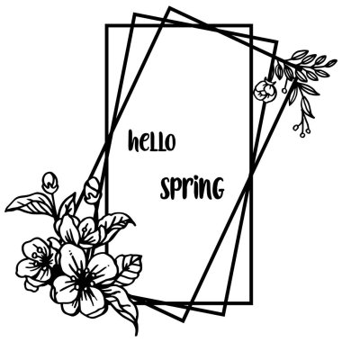 Davet kartı merhaba bahar, beyaz arka plan üzerinde siluet çelenk çerçeve ile. Vektör