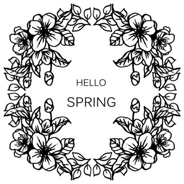 Davet kartı merhaba bahar, beyaz arka plan üzerinde siluet çelenk çerçeve ile. Vektör