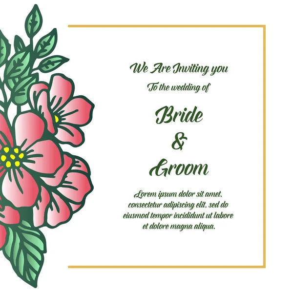 복고풍 스타일의 결혼식 초대 신부와 신랑밝은 녹색 잎과 분홍색 꽃 프레임. 벡터 — 스톡 벡터