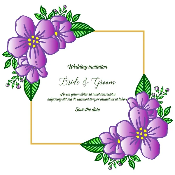 Beauty artwork of purple wreath frame, wedding invitation for cute bride and groom. Vector — Stock Vector