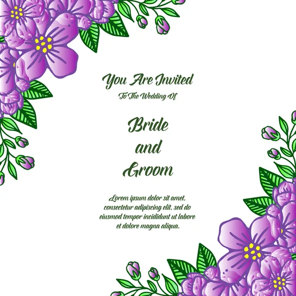 Cartão de convite vintage de noiva e noivo, com estilo elegante de moldura de flor roxa. Vetor — Vetor de Stock